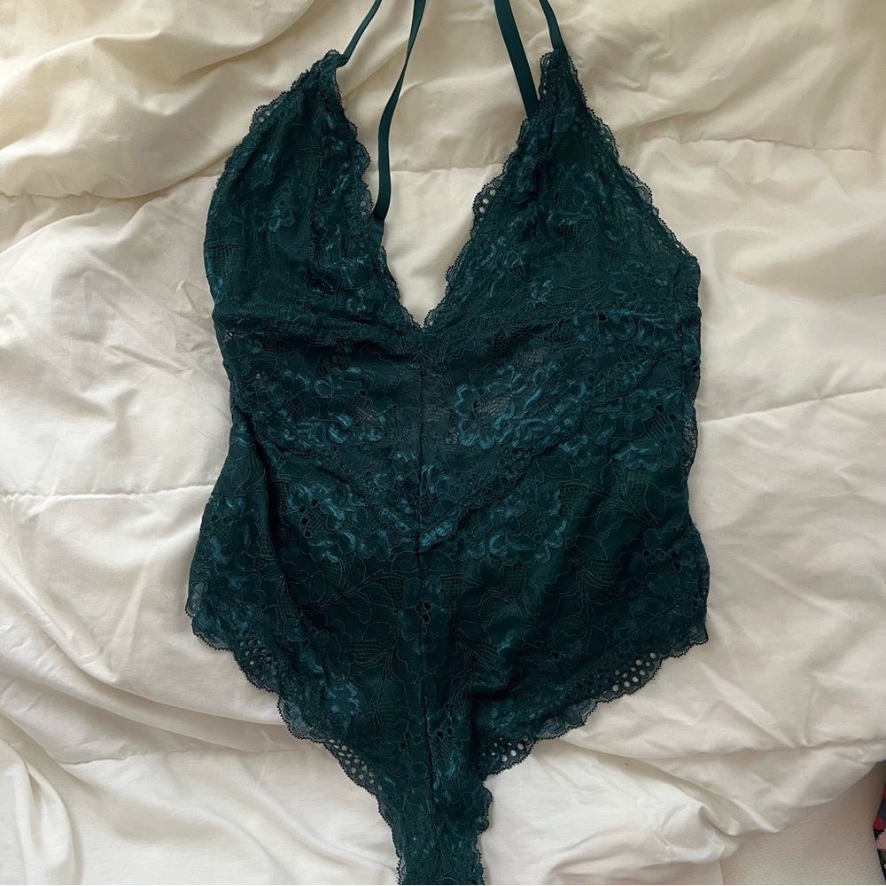 Lace Halter Bodysuit in Dark Green